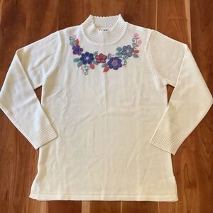 Salon Vintage Knit Pullover Sweater Cream White Embroidered Flowers Women's M